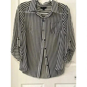 AB Studio Women's Black and White Striped Blouse Sz Med